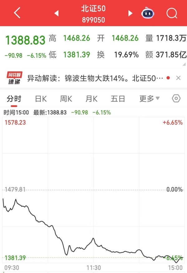 专业股票配资资讯网 北证50指数午后下跌6.15%，热门股锦波生物股跌超14%